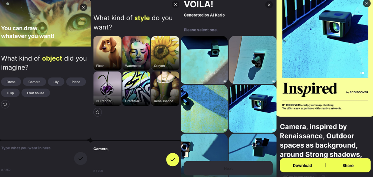 '칼로'의 모바일 서비스 버전인 '비 디스커버'로 이미지를 생성하는 과정 
