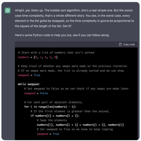 챗GPT의 파이썬 코드 예제를 사용한 버블 정렬 알고리즘의 최악의 경우 시간 복잡도를 설명(사진=트위터)
