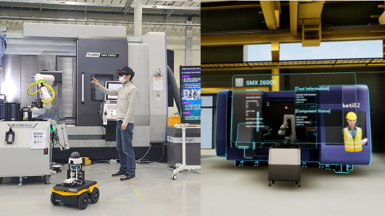 VR기기를 쓴 작업자(왼쪽)와 그 작업자가 보는 화면 (사진=한국전자기술연구원)