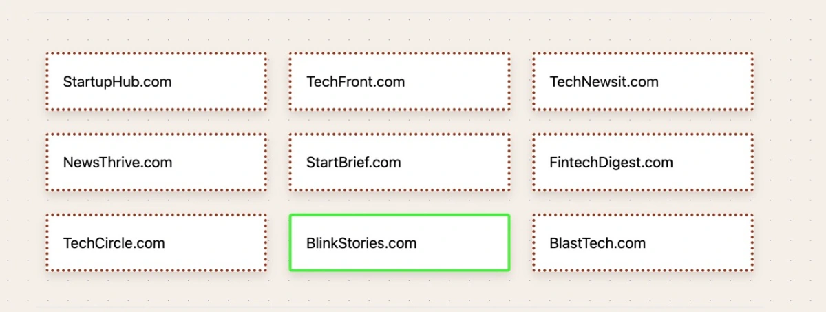 프롬프트 ‘우리 회사는 스타트업과 기술에 관한 모든 것을 다루는 뉴스 사이트가 될 것이다’에 대해 스마티네임스가 생성한 도메인 네임 (사진=스마티네임스)