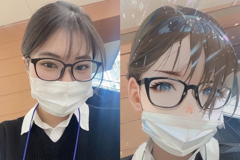 메이투를 이용해 실제 사진(좌상단)을 애니메이션 캐릭터로 변환한 예