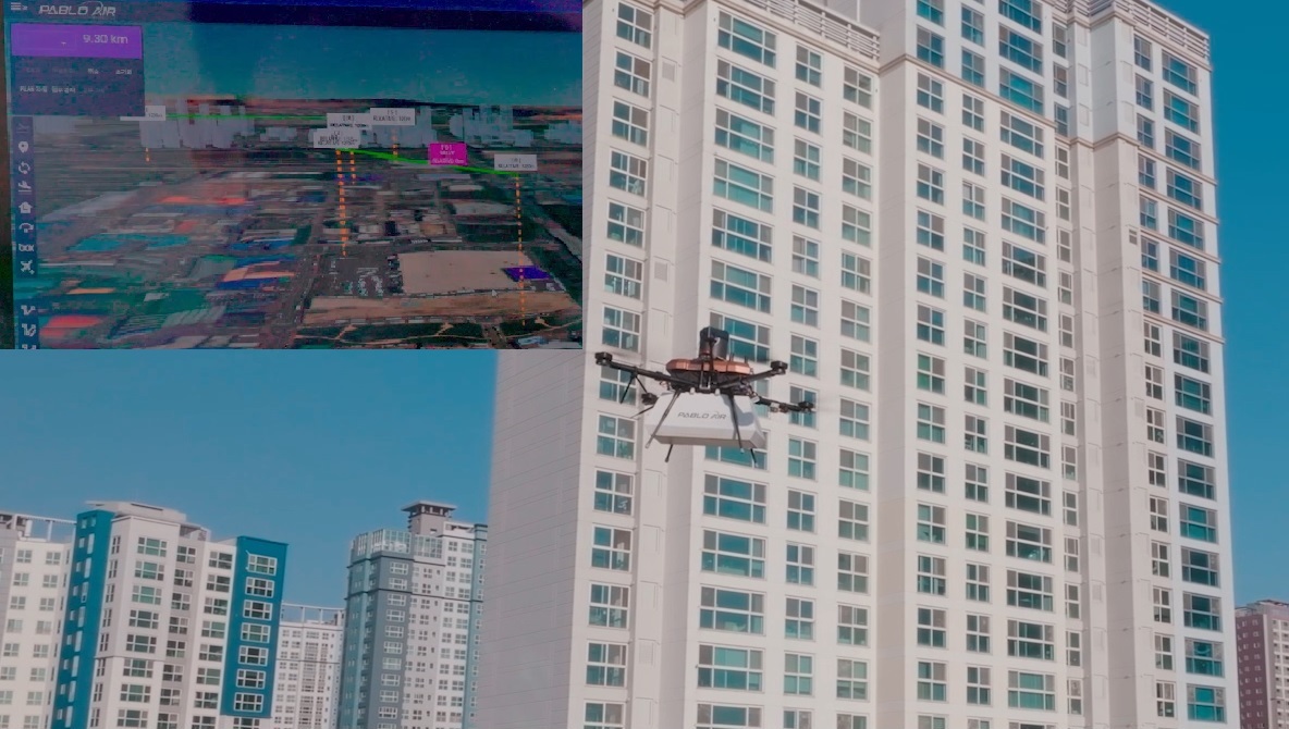 도심에서 배송을 진행 중인 드론 기체와 이를 모니터링하는 관제시스템(좌상단) (사진=파블로항공)