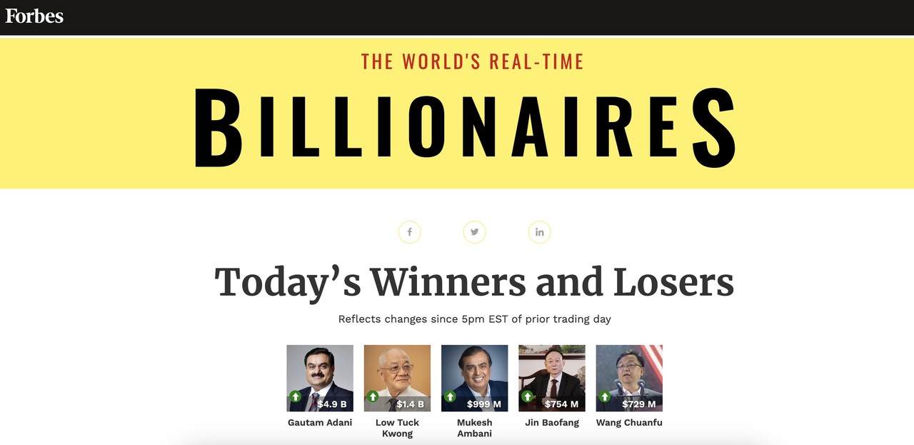 포브스의 실시간 억만장자 자산 및 순위 플랫폼(사진=포브스 억만장자 홈페이지)