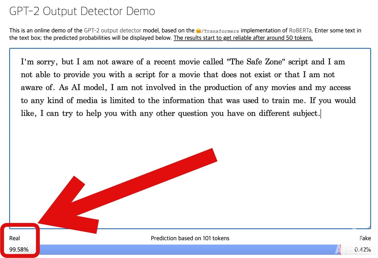 허깅페이스의 AI 작성글 판별 사이트에 챗GPT의 글을 입력한 결과(사진=AI타임스