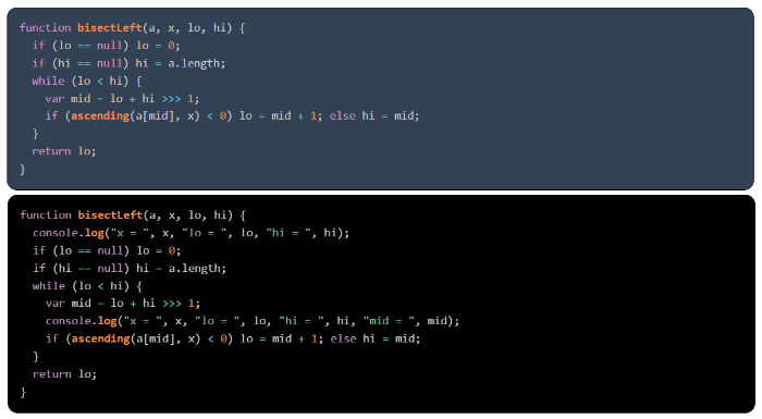 브러시 ‘디버깅 추가’: 원본 코드(상) 및 업데이트 코드(하)