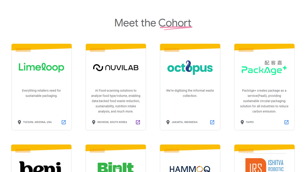 누비랩 등 12개 선정 기업을 소개한 구글 포 스타트업 순환경제 프로그램 웹페이지 (사진=구글)