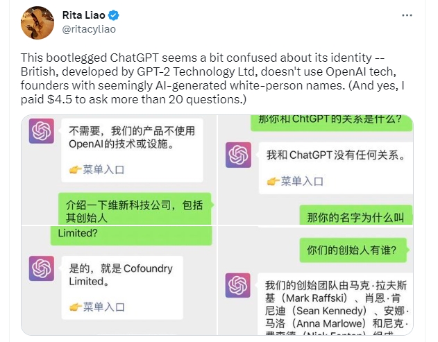 테크크런치가 테스트한 짝퉁 GPT와의 대화 내용 (사진=트위터 리타 리아오)