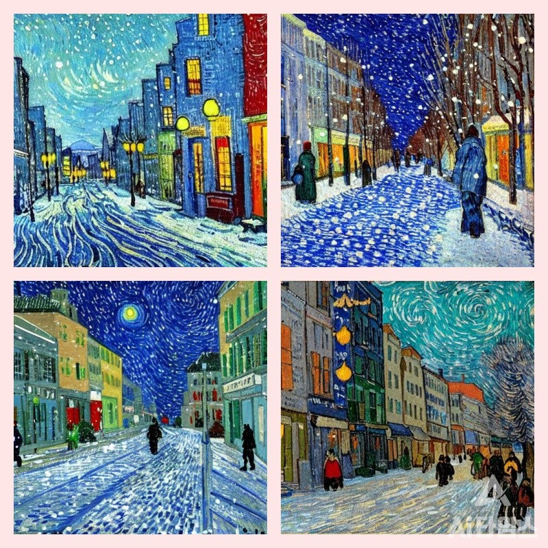 ​AI타임스가 스테이블디퓨전에서 "눈오는 겨울 길거리, 고흐 스타일로"를 프롬프트로 입력해 생성한 이미지들.