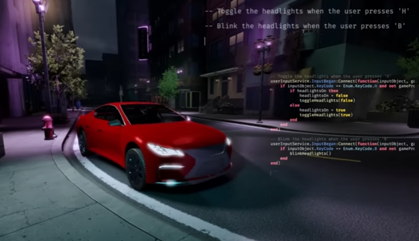 우상단의 텍스트 프롬프트로 생성 AI를 이용해 코드를 작성하는 모습 (사진=유튜브 Roblox 채널 'Generative AI on Roblox' 캡처)