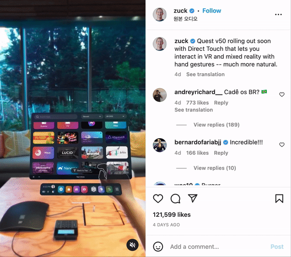 메타 퀘스트의 '다이렉트 터치' 기능 시연 장면(출처=마크 저커버그 인스타그램)