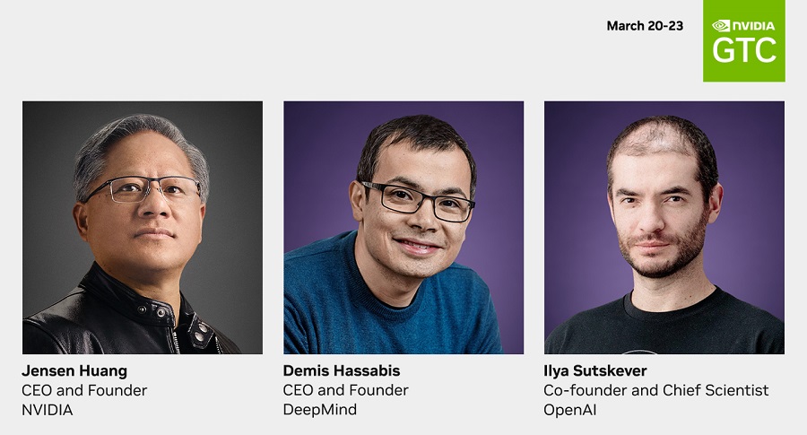 젠슨 황 엔비디아 CEO(왼쪽부터)와 데미스 허사비스 딥마인드 CEO, 일리야 수츠케버 오픈AI 공동 설립자 등  'GTC 2023' 주요 출언자 (사진=엔비디아)