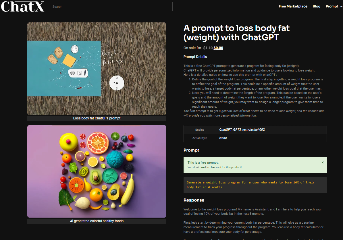 A page selling prompts on 'how to lose weight' on ChatGPT.  Currently it is free.  (Photo = Chat X)