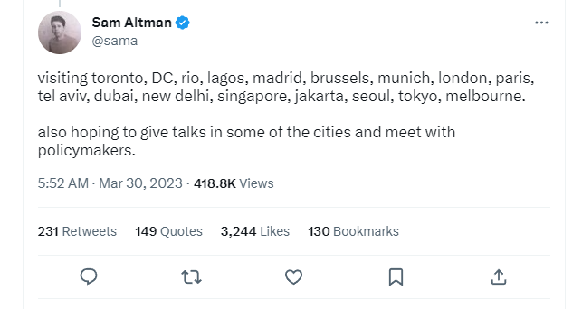 방문 대상 17개 도시 (사진=트위터 Sam Altman)