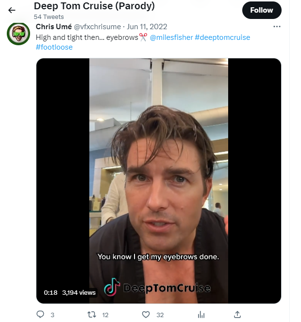 메타피직스의 트위터 채널 '딥톰크루즈'에 올라온 딥페이크 영상 (사진=트위터 Deep Tom Cruise) 
