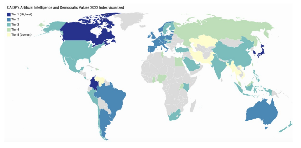 '2022 인공지능과 민주적 가치' 국가별 등급 분포도 (사진=인공지능디지털정책센터)