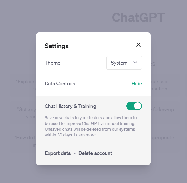 챗GPT 대화 기록 비활성화 설정 (사진=챗GPT)