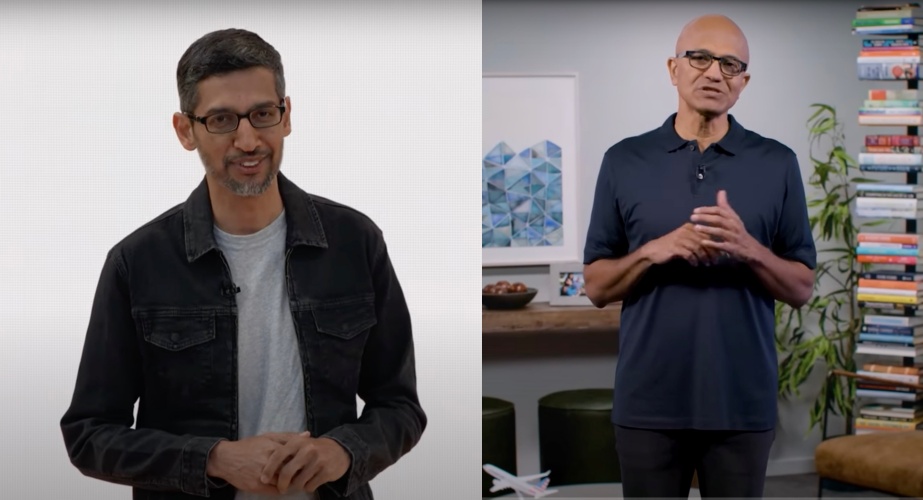 순다르 피차이 구글 CEO(왼쪽)와 사티아 나델라 MS CEO(사진=유튜브 캡처)