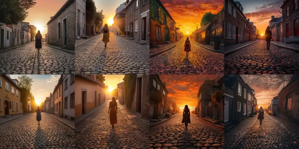 Midjourney 5.0 (four images on the left) vs. 5.1 (four images on the right) that produced 'Woman walking down a cobblestone road into the sunset' (Picture Credit: Barry Collins/Midjourney)