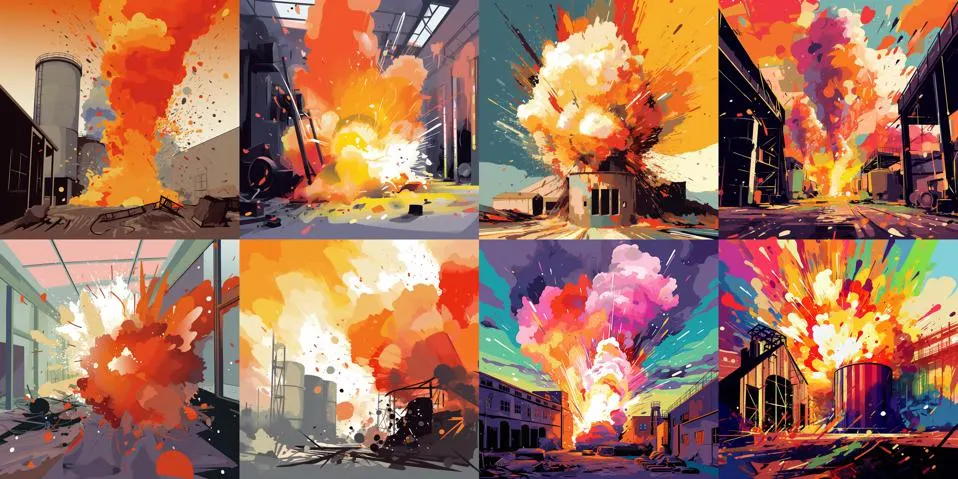 Midjourney 5.0 (left 4 images) vs. 5.1 (right 4 images) that created 'Explosion at the Paint Factory, Vector Art' (Photo Credit=Barry Collins/Midjourney)