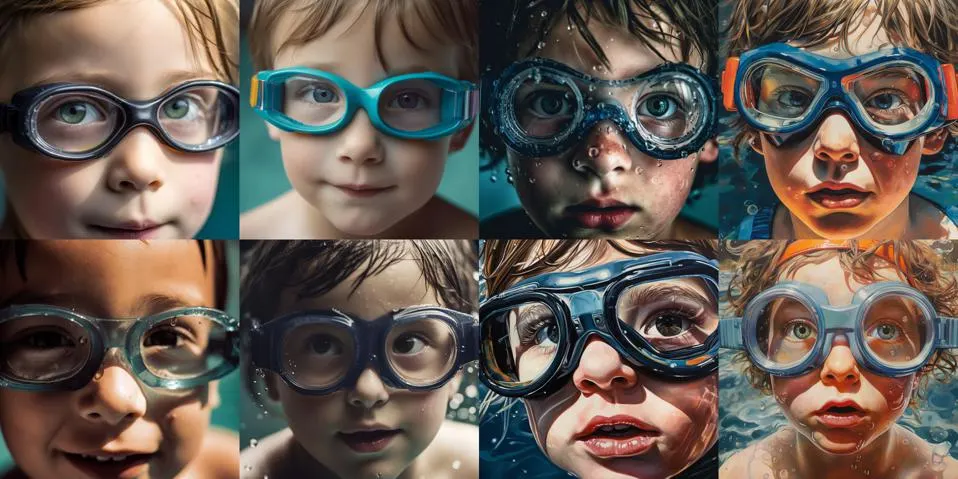 Midjourney 5.0 (left 4 images) vs. 5.1 (right 4 images) that produced a 'close-up of a child wearing swimming goggles' (Photo Credit=Barry Collins/Midjourney)