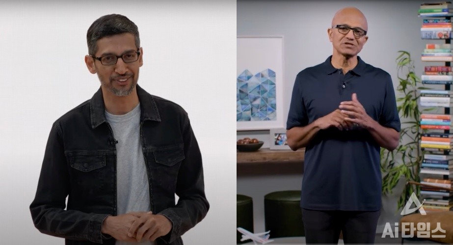 순다르 피차이 구글CEO(왼쪽)와 사티아 나델리 MS CEO(사진= 유튜브 캡처)