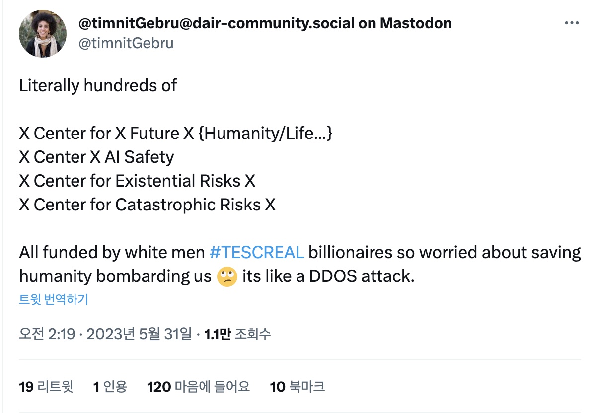 Timnit Gebru, former head of Google's ethics team, said that the X-risk discourse is a concern of wealthy white people. (Photo = Timnit Gebru Twitter)