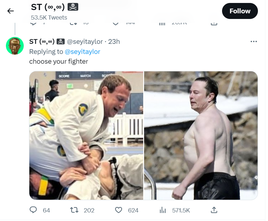 저커버그 CEO와 머스크 CEO를 비교하며 승자를 골라보라는 트윗 (사진=트위터 seitaylor)