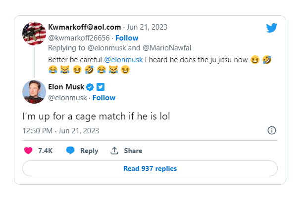 저커버그에 케이지 매치를 제안하는 머스크의 트윗 (사진=트위터 Elon Musk)