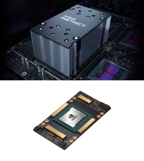 AMD의 MI250(위)과 엔비디아의 A100(사진=AMD, 엔비디아)