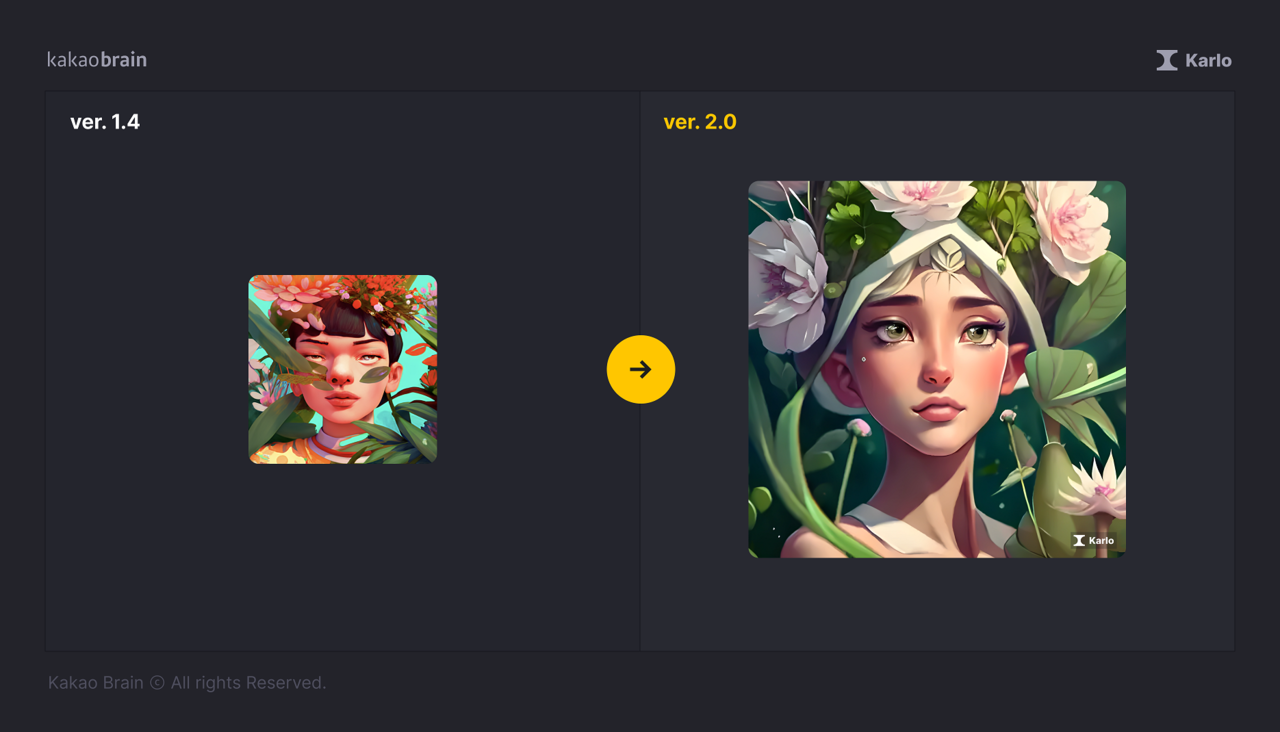 1.4 버전 생성 이미지와 2.0 버전 비교 (사진=카카오)