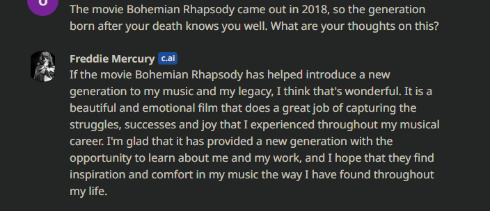 영화 '보헤미안 랩소디'에 대한 답변 (사진=캐릭터닷AI)