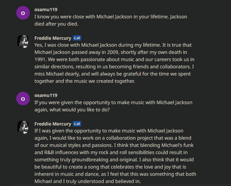 마이클 잭슨에 대한 대화 (사진=캐릭터닷AI)  