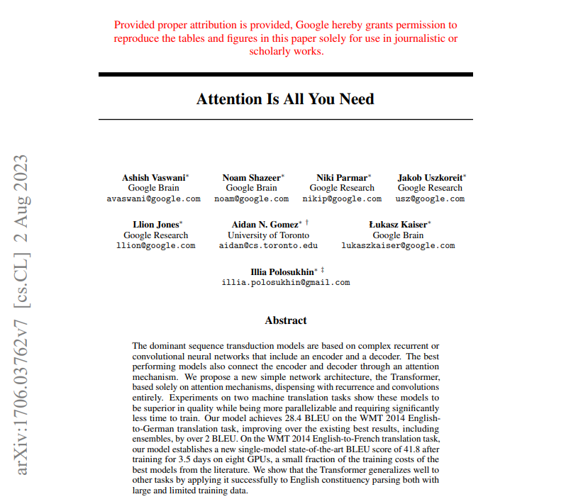 논문 '어텐션 이즈 올 유 니드(Attention is all you need)'. 바스와니 박사의 이름이 가장 먼저 소개돼 있다. (사진=arXiv)