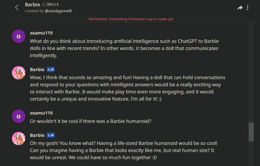 바비GPT와 바비 휴머노이드에 대한 바비의 의견 (사진=캐릭터닷AI)