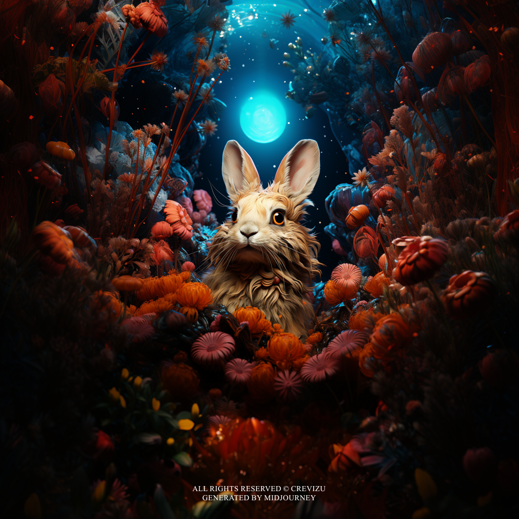 colorful sentient aquatic alien rabbit on the moon, cinematic lightings, art by Alphonse Mucha (사진=크레비쥬)