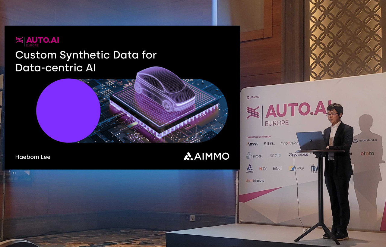 이해봄 에이모 자율주행 R&D팀 수석연구원이 합성데이터 솔루션 및 적용 사례를 발표하고 있다. (사진=에이모)