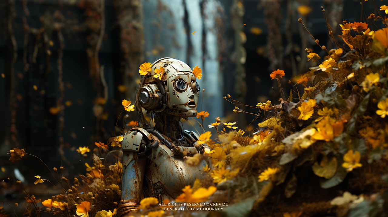 Mech, androids at the center, photoreal, kodak film, hyper realism, New York loft filled with autumn foliage (사진=크레비쥬)