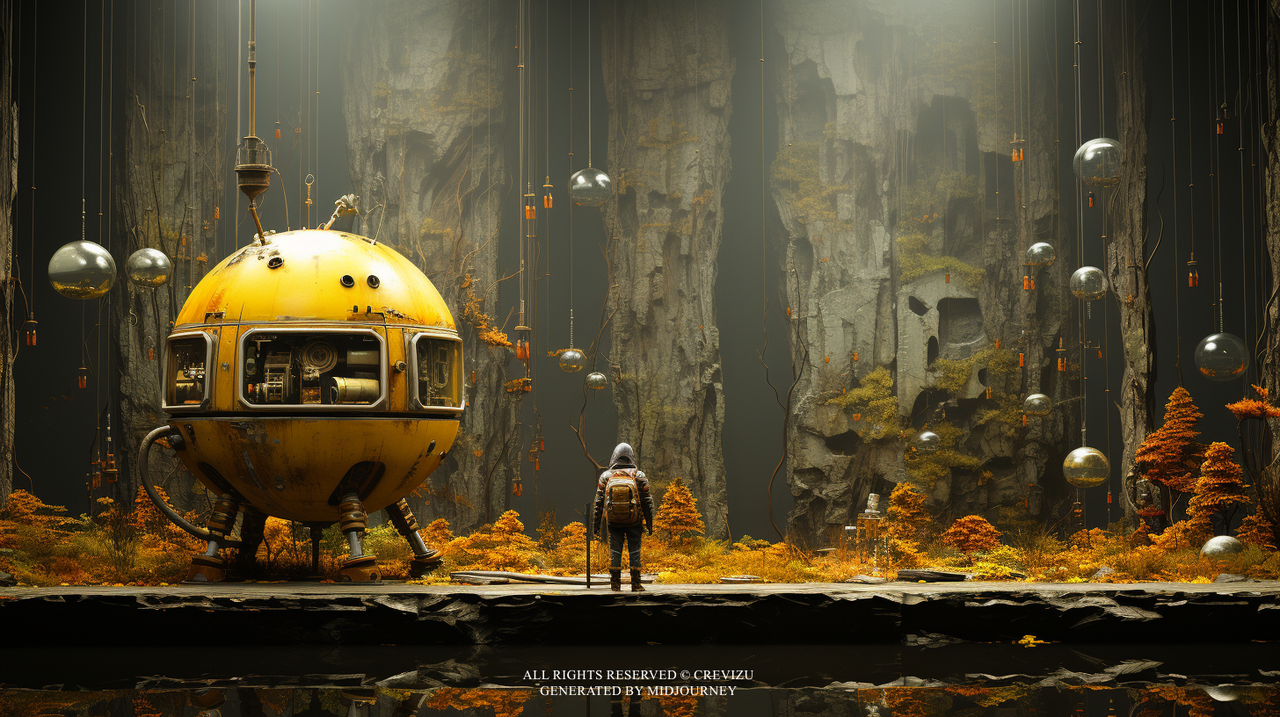 Mech, androids at the center, photoreal, kodak film, hyper realism, New York loft filled with autumn foliage (사진=크레비쥬)