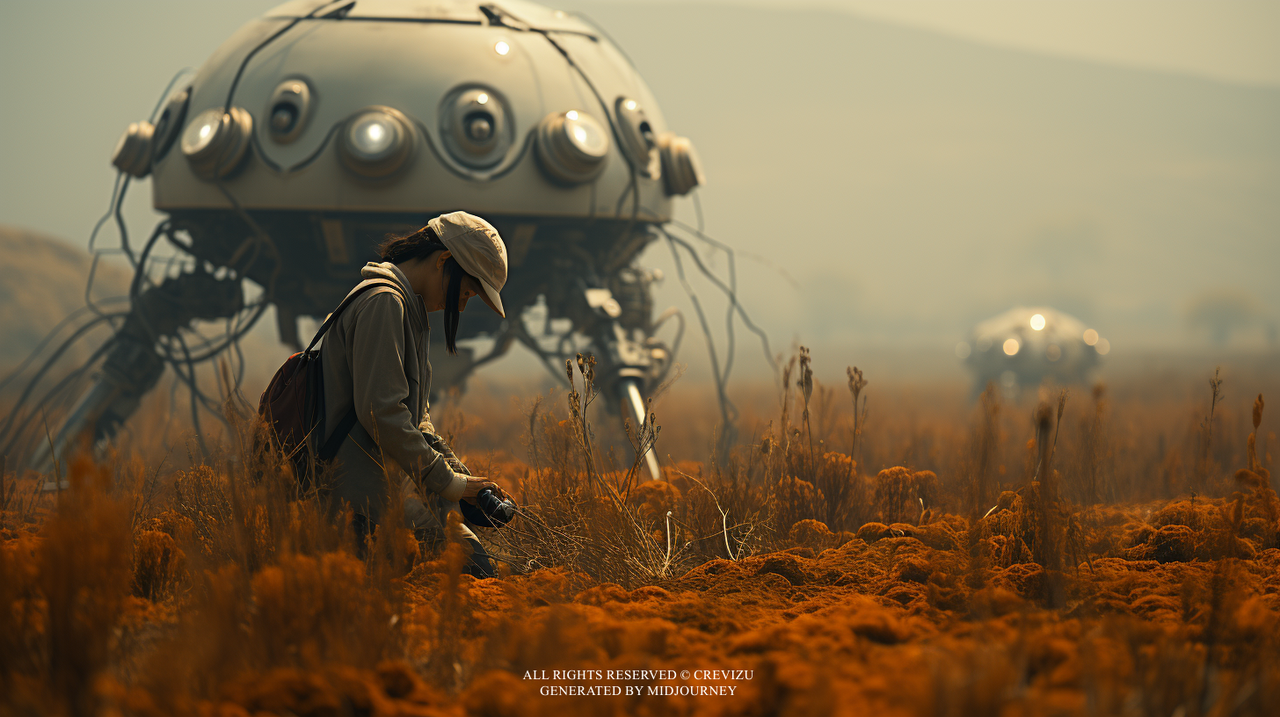 Farmers are harvesting, mech, androids at the center, harvest season, photoreal, kodak film, autumn (사진=크레비쥬)