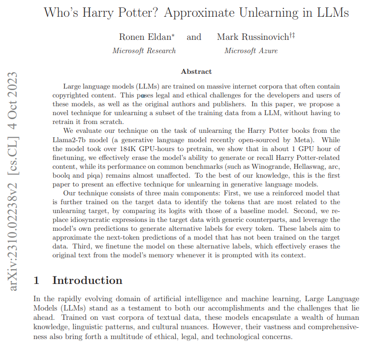 논문 'Who’s Harry Potter? Approximate Unlearning in LLMs' (사진=arXiv)