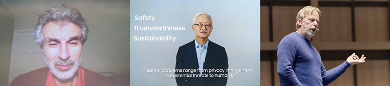 기조 강연을 하는 요슈아 벤지오 교수(왼쪽부터), 경계현 삼성전자 대표, 짐켈러 텐스토렌트 CEO (사진=삼성전자)