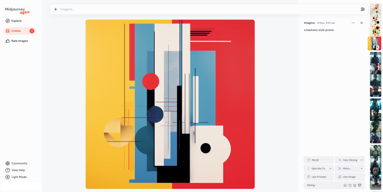 미드저니 알파에서도 디스코드에 있던 기능을 동일하게 제공(사진=미드저니)