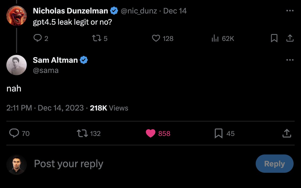 GPT-4.5 유출 여부를 묻는 말에 짧게 답한 샘 알트먼 CEO (사진=X, Rowan Cheung)