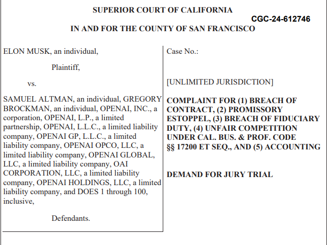머스크가 제출한 소장 중 일부 (사진=샌프란시스코 법원)
