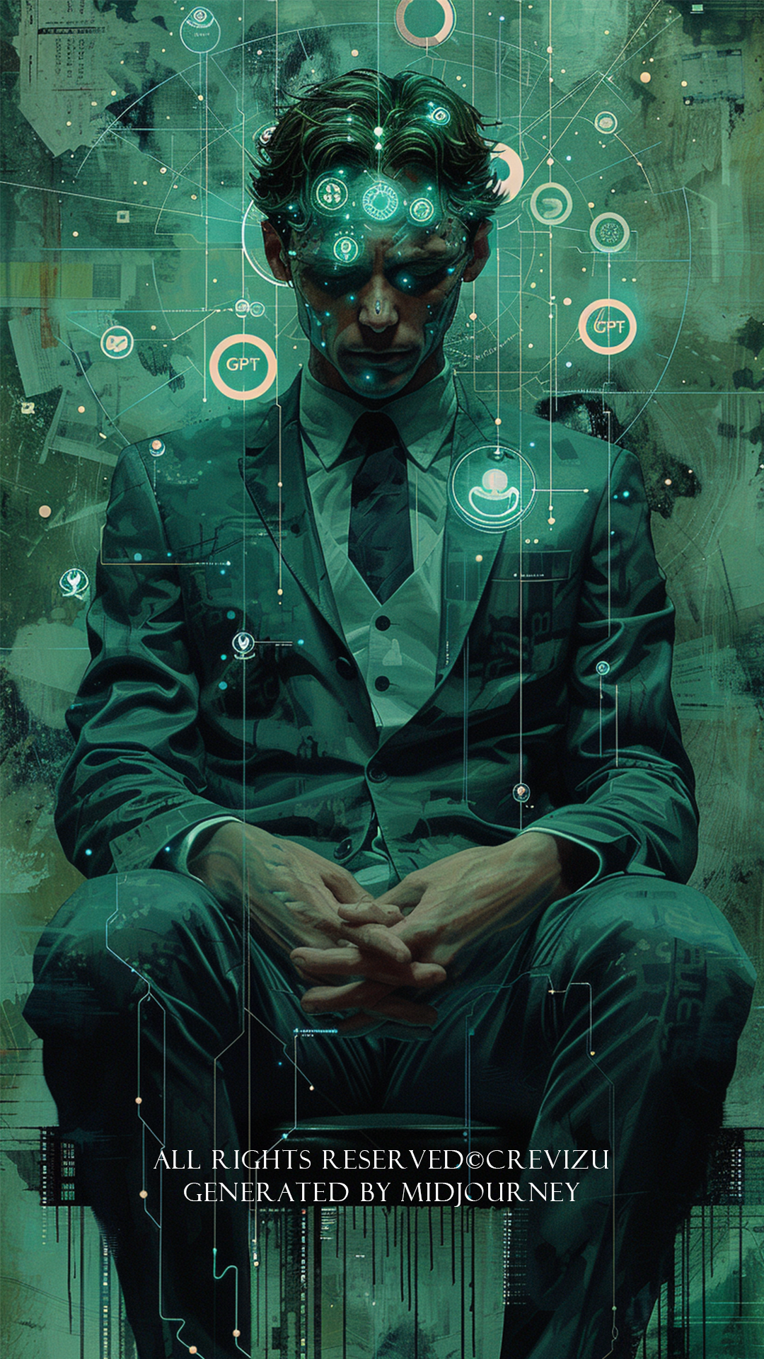 cover of "ChatGPT" megazine, suit man, human, intelligent, low angle, the elegant international ai magazine featuring the emergence of the dynamic mysterious, beautiful agi, dripping ASCII code, bright colors, white and dark green Background, global illumination, monchrome. (사진=크레비쥬)