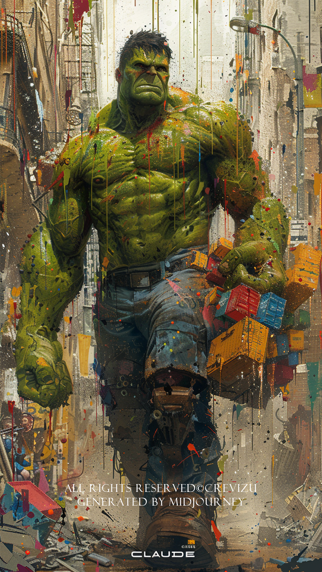 cover of "CLAUDE" magazine, A Hulk-like hero is carrying a large amount of goods. low angle, the elegant international ai magazine featuring the emergence of the dynamic mysterious, beautiful agi, Dripping ASCII code, bright colors, white and black Background, global illumination, monchrome (사진=크레비쥬)