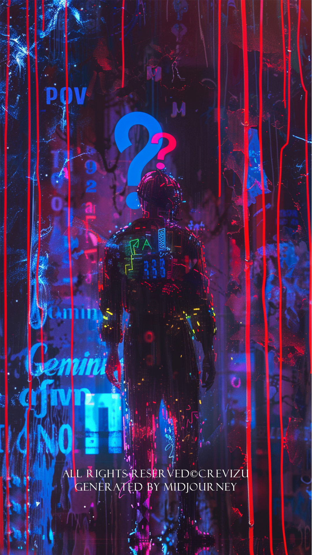 cover of "Gemini AI" magazine, full body, low angle, question mark, the elegant international ai magazine featuring the emergence of the dynamic mysterious, beautiful agi, dripping ASCII code, scratch, bright colors, colorful background, global illumination, monchrome (사진=크레비쥬)