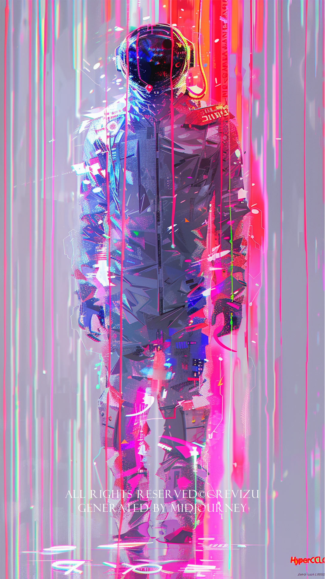 cover of "HyperCLOVA X" magazine, full body, low angle, sci-fi, the elegant international ai magazine featuring the emergence of the dynamic mysterious, beautiful agi, dripping ASCII code, scratch, bright colors, redpink and whiteblue background, global illumination, monchrome (사진=크레비쥬)