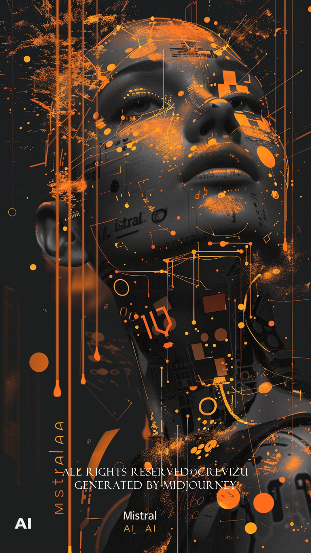 cover of "Mistral AI" magazine, full body, low angle, Euro, microsoft, the elegant international ai magazine featuring the emergence of the dynamic mysterious, beautiful agi, dripping ASCII code, scratch, bright colors, orange and black background, global illumination, monchrome (사진=크레비쥬)