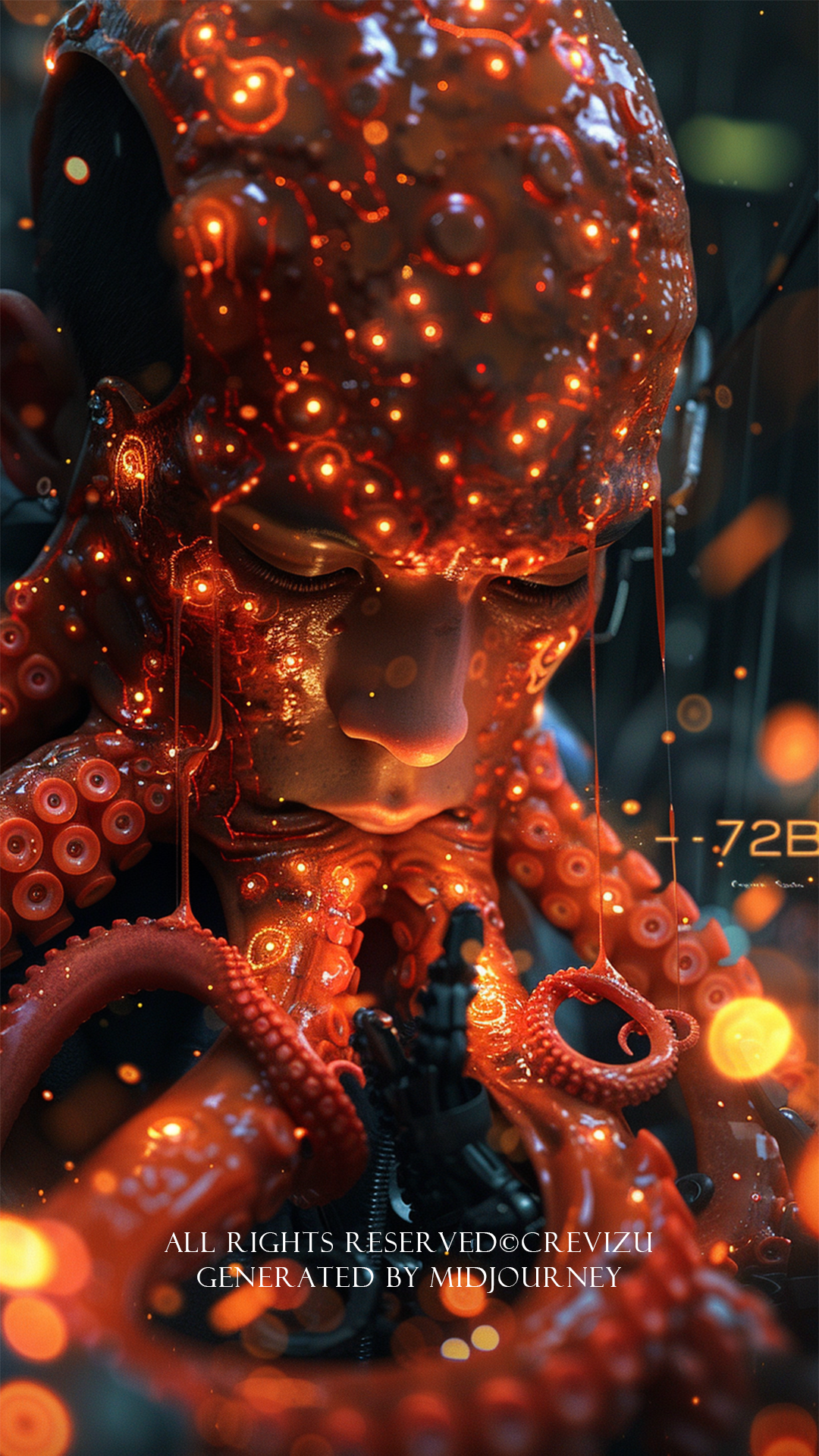 cover of "Qwen-72B" magazine, The hero, octopus mask man is holding various languages with its feet. low angle, the elegant international ai magazine featuring the emergence of the dynamic mysterious, beautiful agi, q1, dripping ASCII code, bright colors, orange Background, global illumination, monchrome (사진=크레비쥬)